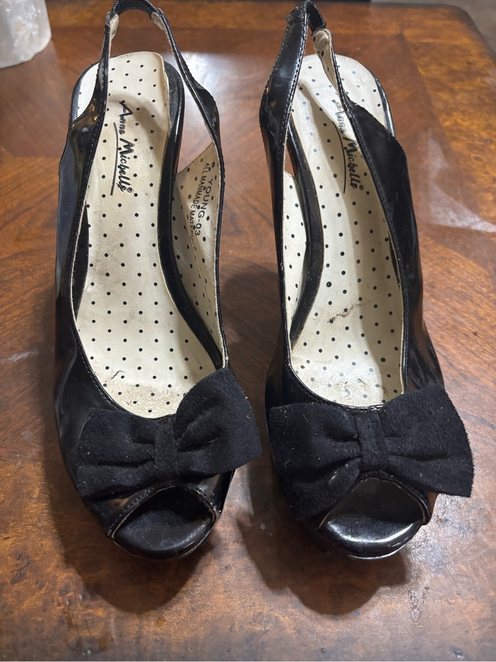 Anne Michelle Black Patent Peep-Toe Slingback Heels with Bow Accent